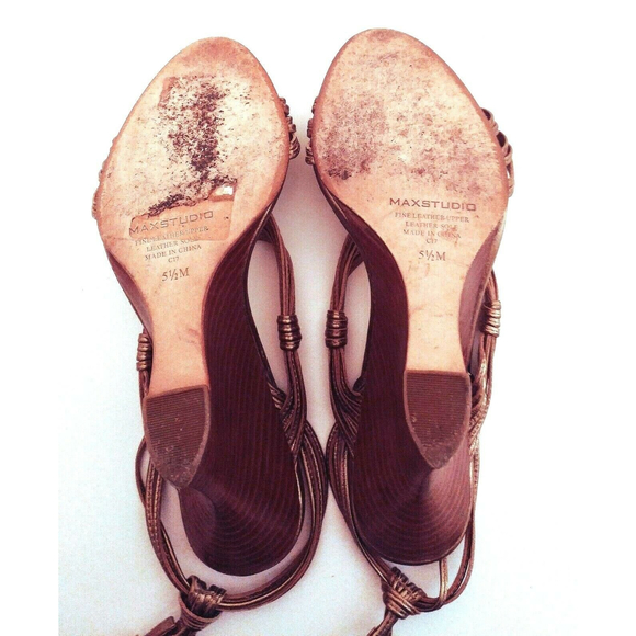 Max Studio Gold Heels 5.5 M Sandals Braided Ankle Straps Stack Heels - Picture 4 of 6